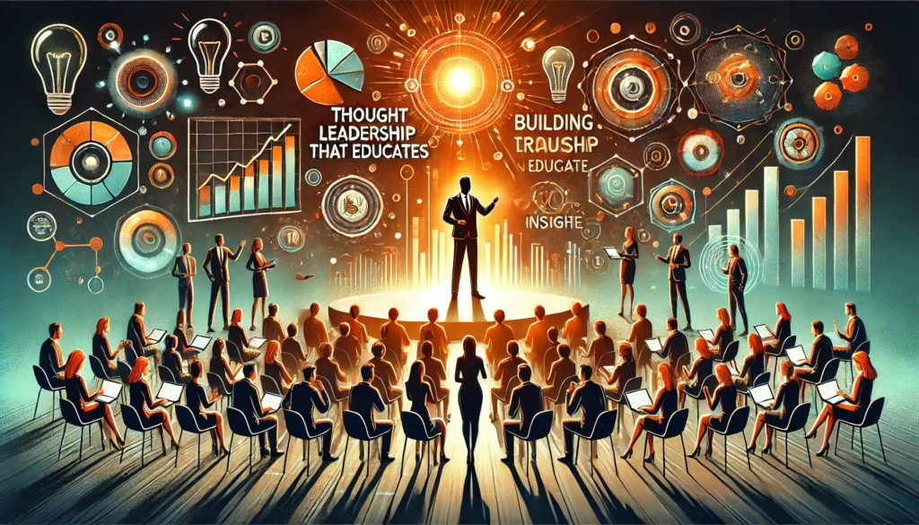 10 B2B Marketing Trends You Can’t Afford to Ignore in 2025 6 Thought Leadership That Educates: Building Trust Through Insight. the image shows a person standing on stage educating a group of people.